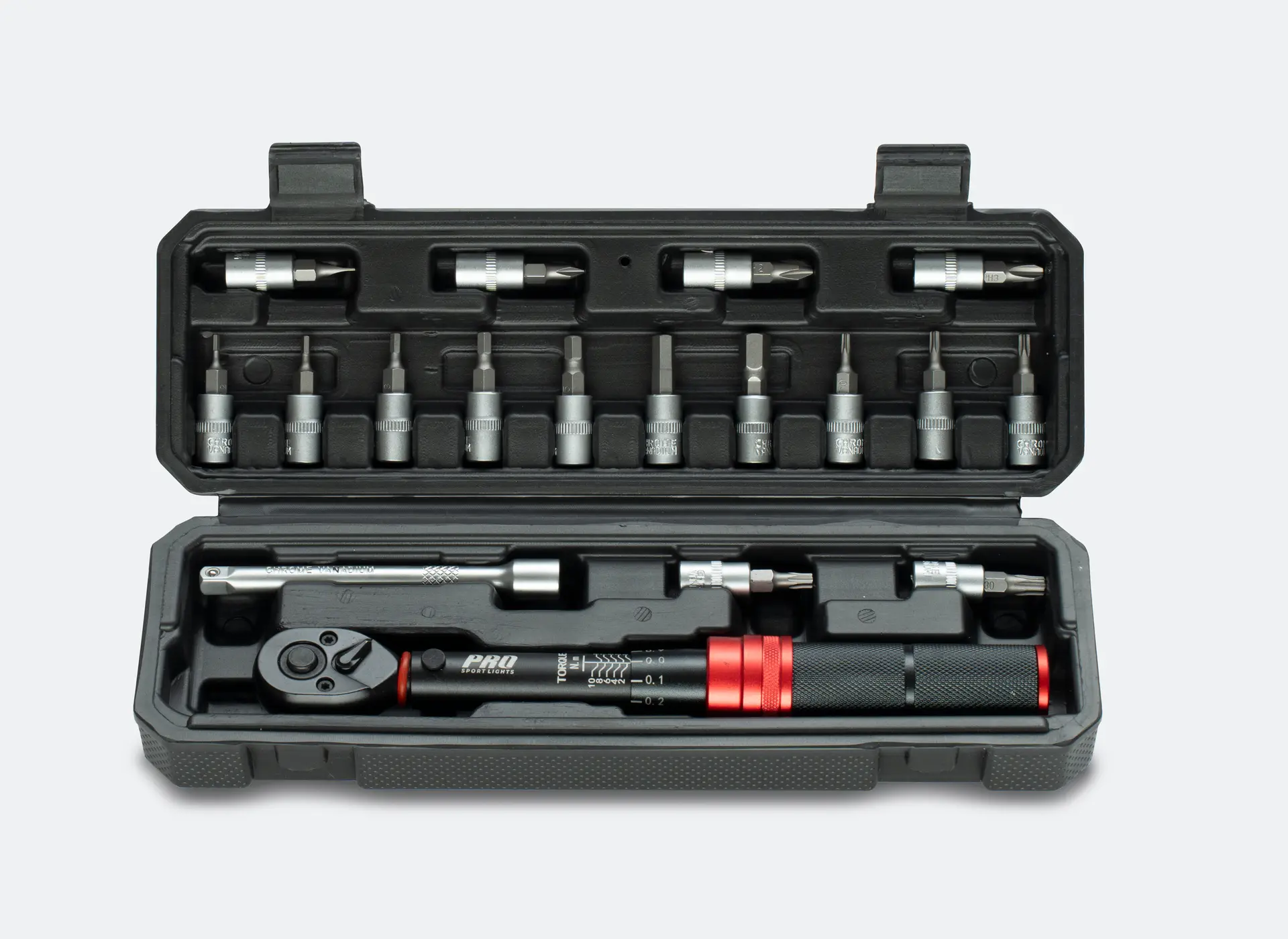 Compact bicycle torque wrench with 16 bits 1/4" – 1–10 Nm