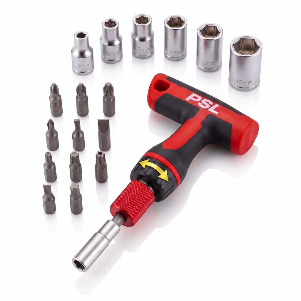 18-piece ratchet screwdriver set with T-handle, bits and sockets